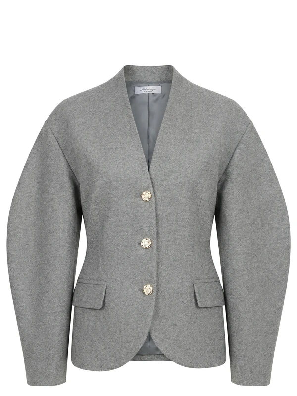 Жакет с круглыми плечами приталенный серый с декоративными пуговицами 