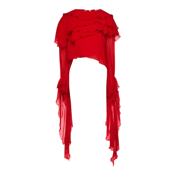 Блуза из шифонового шелка с воланами и рукавом макси